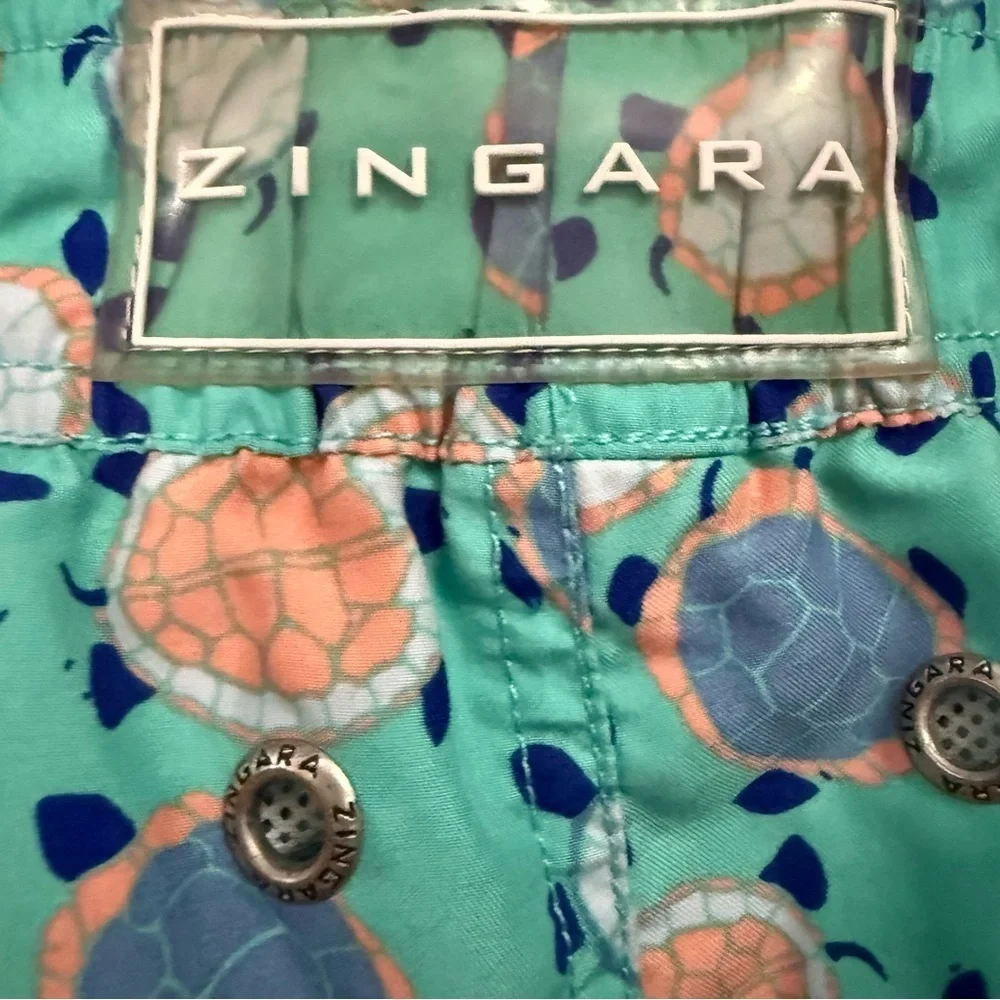 Zingara Turtle Print Swim Trunks Men’s Medium Aqua Beach Shorts Drawstring